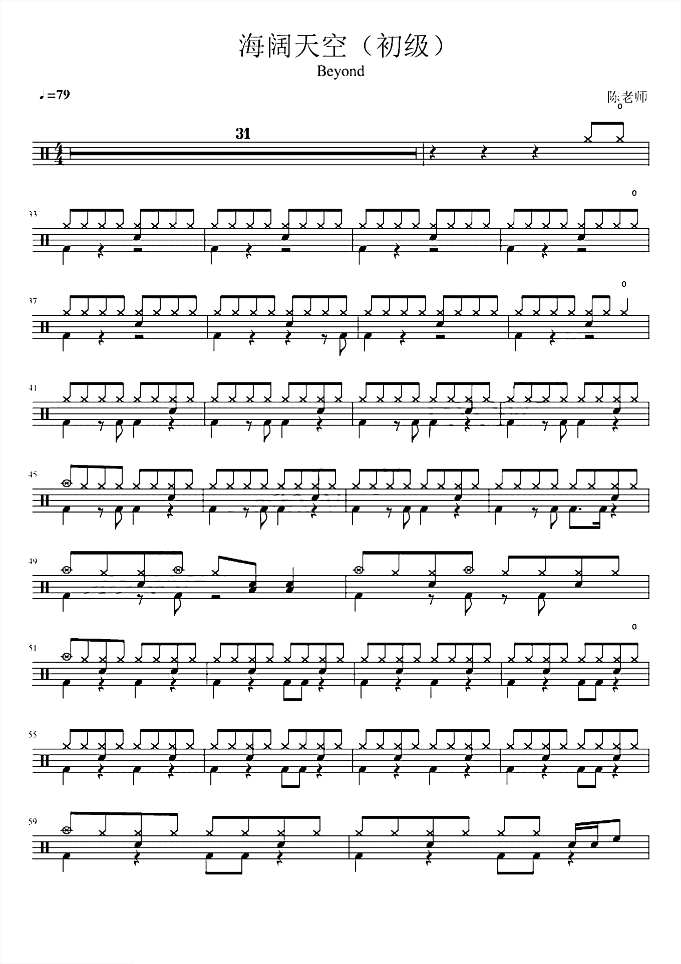 海阔天空(初级)beyond 鼓谱鼓谱_架子鼓谱 – 鼓谱之家